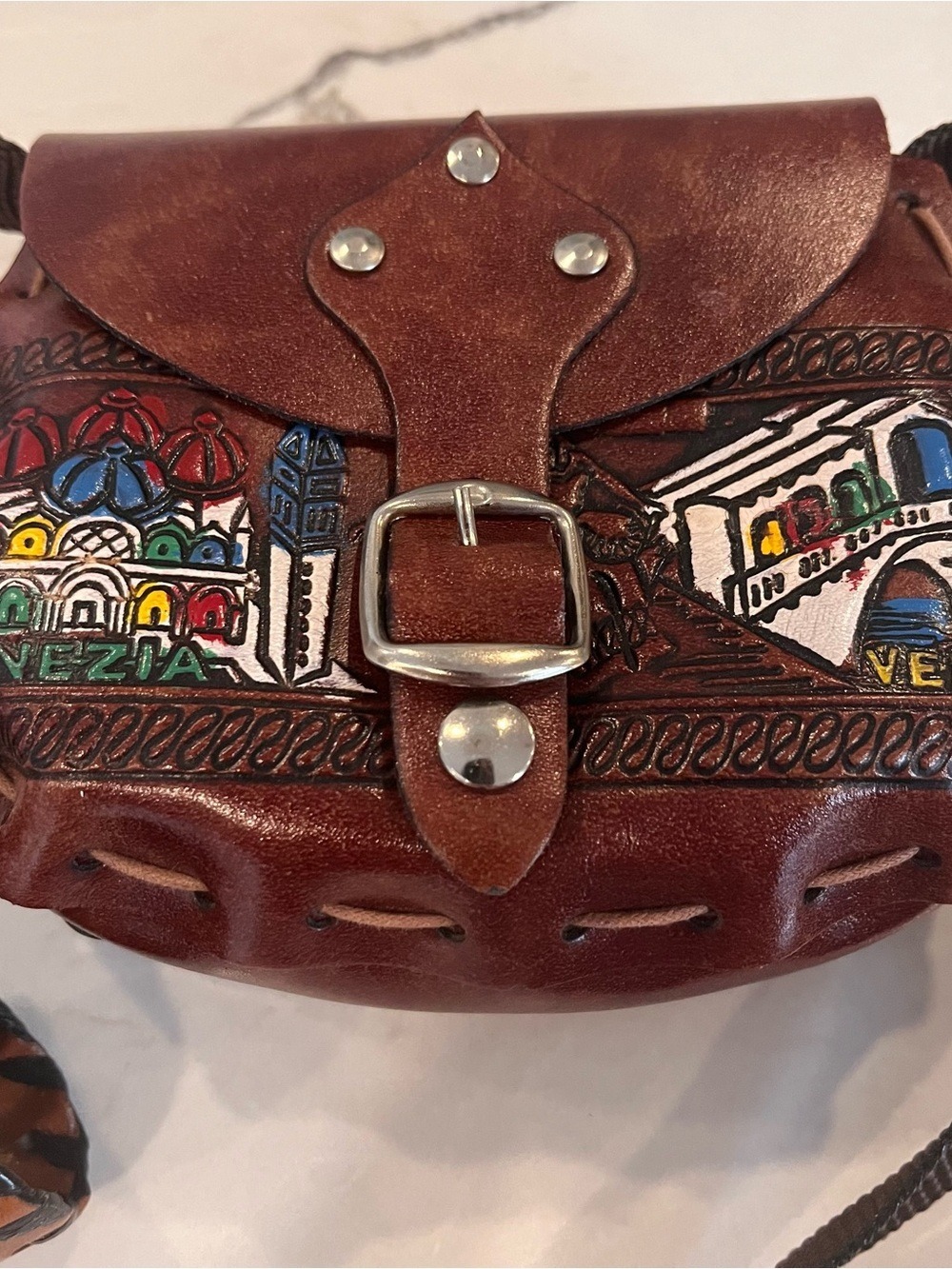 Hand-Painted Venetian Brown Leather Mini Crossbody Bag